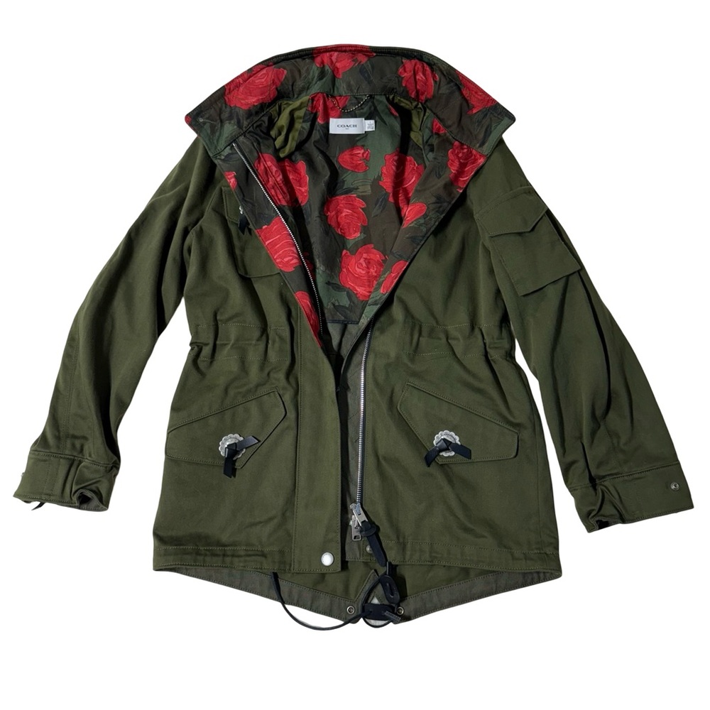 Coach Western Military Parka Olive Green Jacket with Floral Lining sz 4